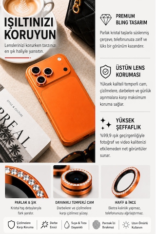 İphone 17 Pro / 17 Pro Max Uyumlu Taşlı Kamera Lens Koruyucu Kozmik Turuncu