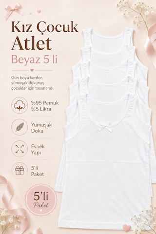 Nicoletta Kız Çocuk Atlet Geniş Askılı 5 Li Paket Likralı Beyaz