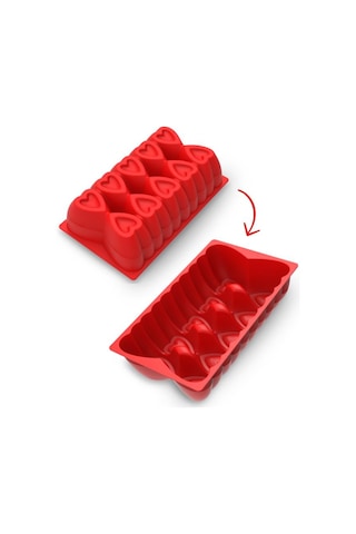 Kalp Desenli Risotto Silikon Baton Kek Kalıbı 26x16 Cm Kırmızı