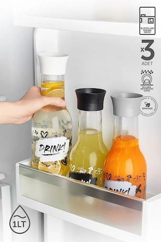 Rotanev 3 Adet Desenli Detoks Özellikli Cam Sürahi & Karaf Su Meşrubat Şişesi