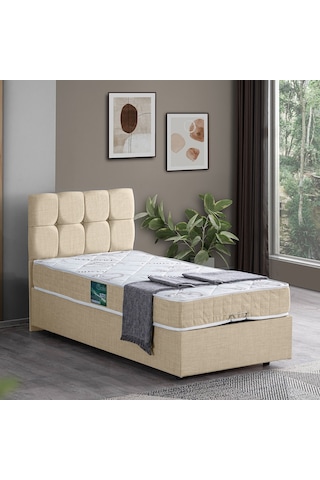Setaymobilya Baza, Berlin Tek Kişilik Baza + Başlık + Comfort Yatak Seti, Krem