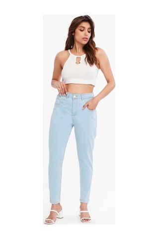 Kene Jeans Yüksek Bel Ön Conta Çımalı Esnek Dar Paça Buz Mavi