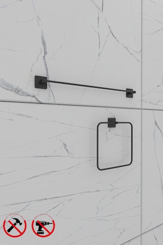Alper Banyo Jasmin Kare Siyah Yapışkanlı 2'li Set - Uzun Havluluk Kare Havluluk Siyah