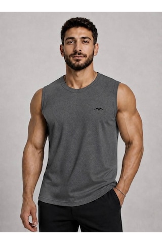 Axxel Erkek Koyu Gri Melanj Bisiklet Yaka Kolsuz T-shirt-d690