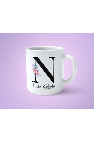 Çiçekli N Harfli İsimli Baskılı Kupa Bardak