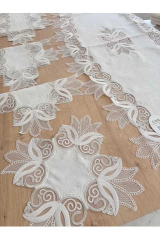Buradabulabilirsin Salon Takımı Çeyizlik Kreme Gümüş Runner Set 5 Parça Keten Ranır Masa Konsol Sehpa Örtüsü Kayla Bbz