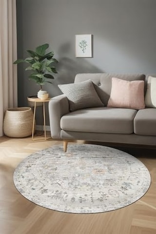 Kadife Kaymaz Pamuk Tabanlı Yıkanabilir Antibakteriyel Yuvarlak Salon Halısı 120x120 Çok Renkli