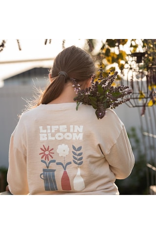 Antebies Organik Pembe Çiçek Baskılı Beli Lastikli Bağcıklı Uzun Kollu Kız Çocuk Sweatshirt Eşofman Takımı Bej