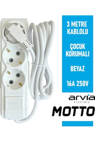 Arvia Motto Üçlü Topraklı Grup Priz Çocuk Korumalı 3 Metre Kablolu 35 01 1003 403 3