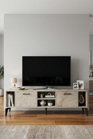 Tv Sehpası 160 Cm Modern Çok Amaçlı Dolaplı Raflı Televizyon Ünitesi Linya Traverten
