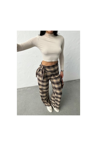 Blackpera Bersh Model Ekose Desen Bel Fular Detaylı Pantolon Bej