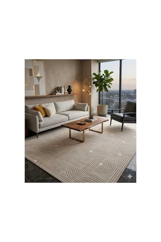 Nesrin Modern Geometrik Çizgili Şık Ve Kullanışlı Kaymaz Jel Taban Krem Kahve