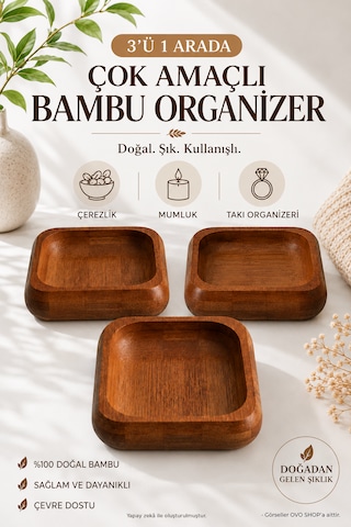 Bambu Kare 3'lü Çerezlik Kahverengi
