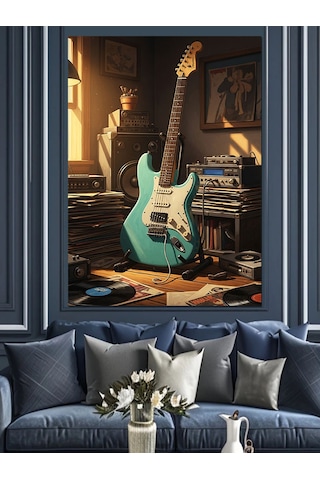 Ahşap Tablo Çalışma Odasındaki Mavi Elektrogitar