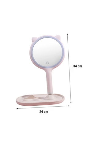 Biishe Kedi Kulaklı Telefon Standlı Yuvarlak Dokunmatik Led Ayarlı Masa Üstü Makyaj Aynası Renkli