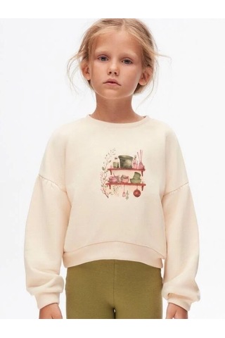 Kız Çocuk Pamuklu İki İplik Önü Baskılı Sweatshirt-14712 KREM