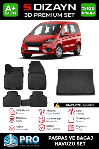 S-dizayn Ford Courier 3d Pro Havuzlu Paspas Ve Bagaj Havuzu Seti 2'li Set 2014-2022 A+ Kalite