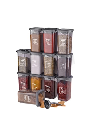 KitchenLife Etiketli Kilitlenebilir Kapaklı Kendinden Kaşıklı Baharatlık Seti 12'li Siyah - Şeffaf