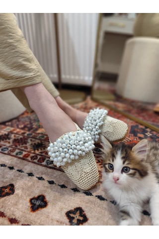 My Stil Moda Kadın Önü Kapalı Hasır Terlik Boncuk İşlemeli Çeyiz, Günlük, Misafir Ev Terliği Bej
