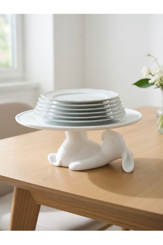Dekoratif Tavşan Figürlü Tatlı Tabağı Standı Pasta Standı Mutfak Servis Standı 15x15 Şık Hediye Beyaz