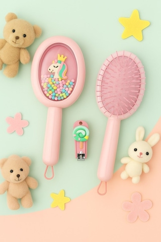 1 Adet Unicorn Figürlü Renkli Boncuklu Çocuk Saç Tarağı Fırçası Ve 1 Adet Tırnak Makası Seti Pratik