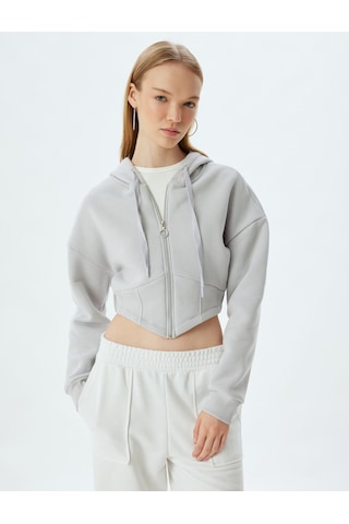 Koton Crop Sweatshirt Kapüşonlu Fermuarlı Korse Detaylı Cepli Şardonlu Ekru 5wal10050ık Ekru