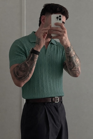 Tarz Cool Erkek Old Money Örgü Polo Yaka Triko Tişört Yeşil