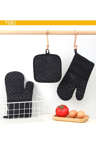 Padalink Ev Fırını Ve Mikrodalga İçin 30cm Silikonlu Isıya Dayanıklı Eldivenler, Antir Kayma Kumaş, Siyah Kare Desenli 4'lü Set