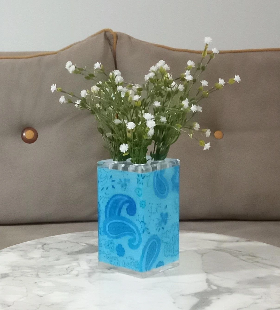 2 Adet Vazo Dahil,vazoda Çiçek,beyaz Yapay Çiçek,vazo Dekoratif Mavi 7x7x17cm Çok Renkli