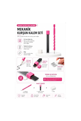 2.0 Mm Uç Ve Silgi Hediyeli 2.0 Mm Uçlu Kalem Seti 1 Adet Pembe