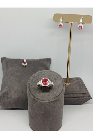 925 Ayar Gümüş Koyu Pembe Yakut Taşlı Takı Seti Kolye Ucu, Yüzük Ve Küpe Gümüş