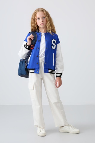 Tommy Life Gece Mavi Pamuklu İçi Tüylü Yumuşak Dokulu Standart Fit Nakışlı Kız Çocuk Kolej Ceket - 75163 Mavi