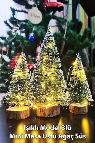 Hoşgeldin Yeni Yıl 3 Lü Mini Noel Çam Ağacı Kar Efektli Led Işıklı Çam Ağaçları Seti 15 11 10 Cm Çok Renkli