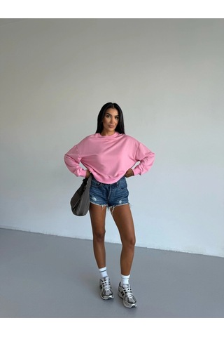 Kadın Pembe Bisiklet Yaka 2 İplik Sweatshirt Hzl25w-fry123391 Açık Pembe