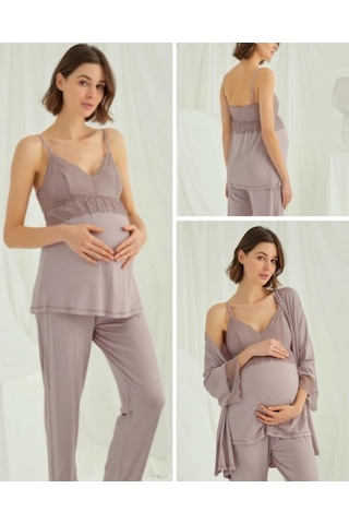 Birolgaye 1767 Pudra Modal Penye Hamile Lohusa 3 Lü Pijama Sabahlık Tk