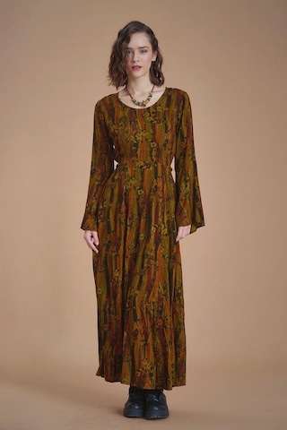 Desenli Kayık Yaka Belden Bağlamalı Haki İspanyol Kol Kadın Elbise Desenli