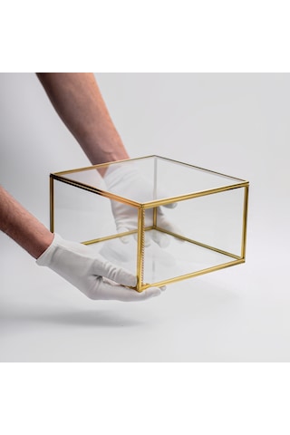 : Büyük Cam Kutu Pirinç & Gold 25x25x15cm