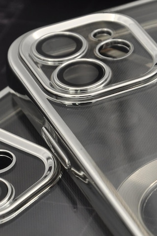Apple Uyumlu iPhone 11 Gümüş Gri Silver Renkli Kenarlı Lazerli Şeffaf Kılıf Lens Korumalı