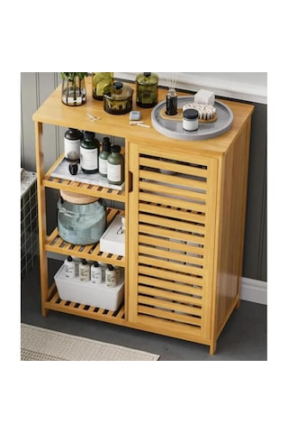 Bambu Çok Amaçlı Düzenleyici Dolap / Banyo Dolabı, Ayakkabılık, 3 Raflı 1 Kapaklı, 66 X 87 X 33 Bej