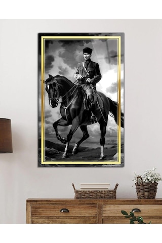 Atatürk At Üstünde Siyah Beyaz Cam Tablo Hediyelik Büyük Tablo Ev Ofis Dekoru