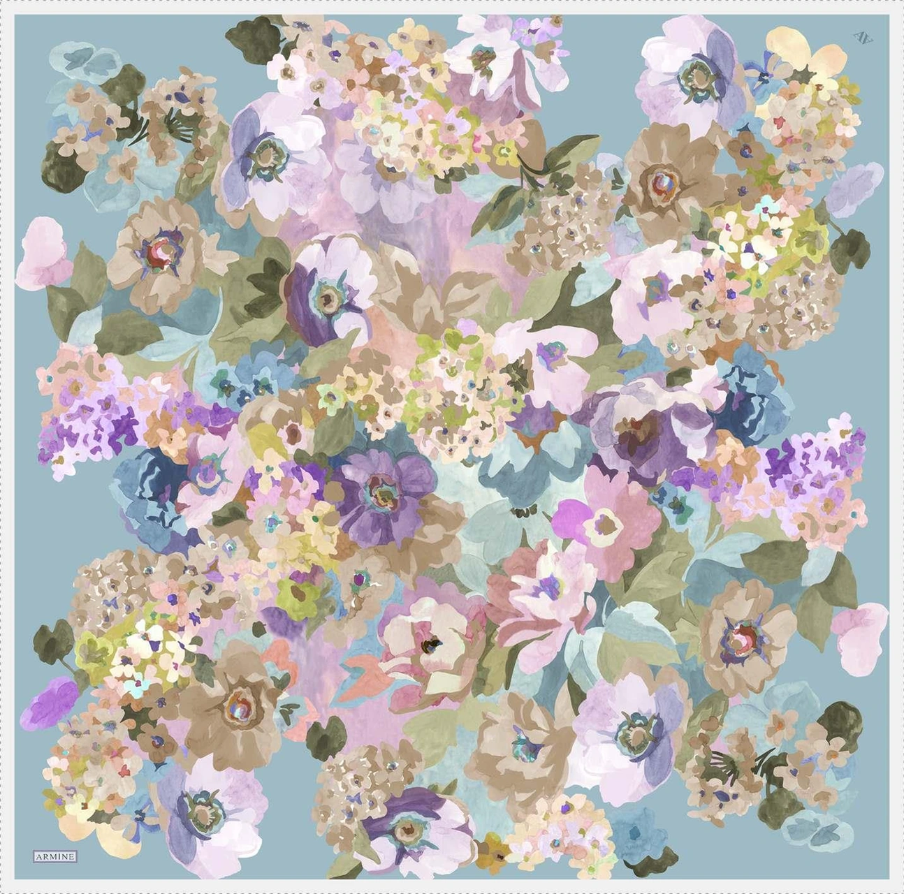 Armine Çiçek Desenli Saf İpek Twill Eşarp 9334d 34 Yeşil