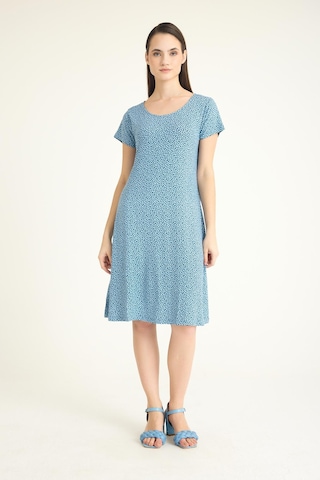 Dökümlü Rahat Kalıp Günlük Penye Kumaş Elbise Mavi