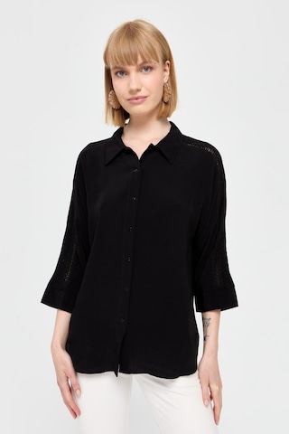 Kadın Kolları Dantel Şeritli Maroken Gömlek Siyah Siyah