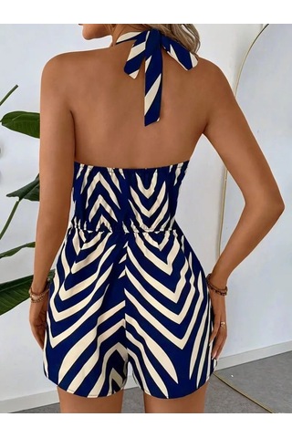 The İstanbul Kadın Boyundan Askılı Halter Yakalı Desenli Süprem Tulum Lacivert