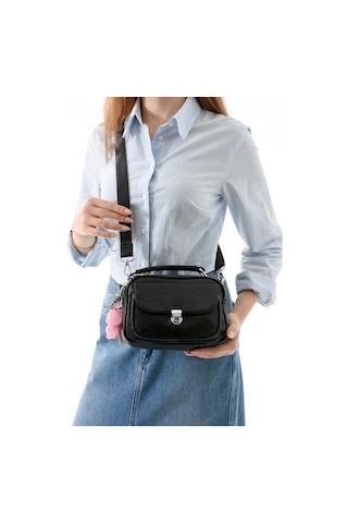 Vegan Deri Kadın Postacı Çanta 21 15 Cm Yıkama Suni Deri Omuz Çantası Çapraz Askılı Çanta Siyah