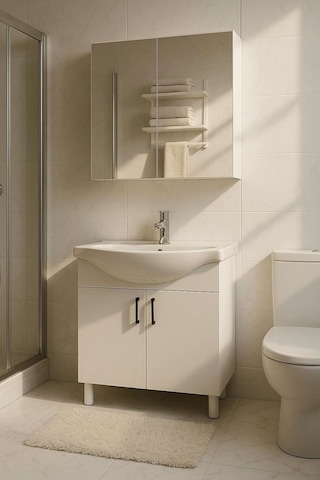65 Cm Beyaz Mdf Seramik Lavabolu Ayaklı Aynalı Banyo Dolabı Beyaz