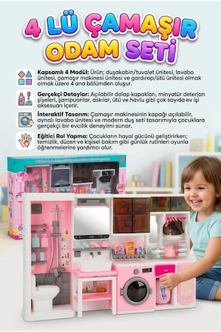 Dev Boy 4 Modüllü Oyuncak Banyo Seti 50x32 Cm - Çamaşır Makinesi, Duş Ve Gardırop Bir Arada