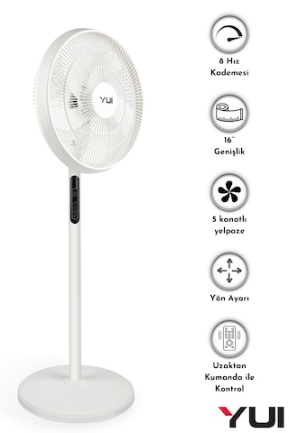 Yui F60 Beyaz 16 İnç 50W 8 Kademe 5 Pervane Döner Başlıklı Uzaktan Kumandalı Vantilatör