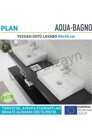 Aqua Bagno Plan Tezgah Üstü Kare Lavabo Beyaz 60 x 45 CM