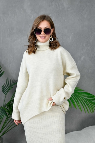 Kadın Balıkçı Yaka Oversize Kazak Uzun Etek İkili Triko Takım Taş